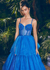 ASHLEYlauren 11462 peacock tiered tulle ball gown with sheer beaded corset bodice and spaghetti straps