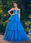 ASHLEYlauren 11462 peacock tiered tulle ball gown with sheer beaded corset bodice and spaghetti straps