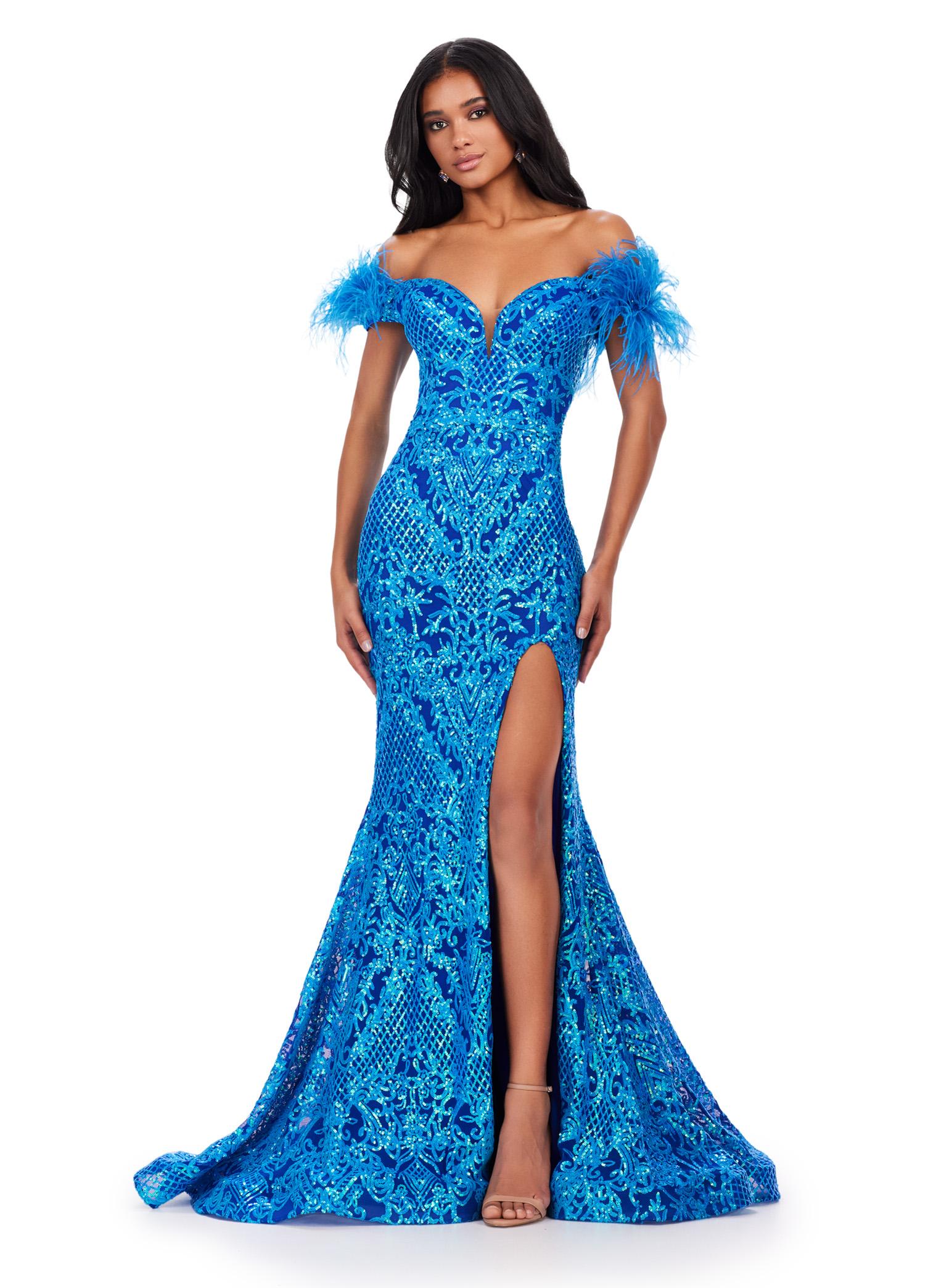 ASHLEYlauren 11463 Turquoise/Royal sequin gown with sweetheart neckline, feather off shoulder straps, and left leg slit