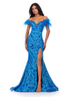 ASHLEYlauren 11463 Turquoise/Royal sequin gown with sweetheart neckline, feather off shoulder straps, and left leg slit