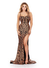 ASHLEYlauren 11464 Bronze/Black fitted stretch sequin gown with corset bodice, deep illusion V-neckline, and thigh-high slit