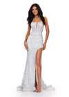 ASHLEYlauren 11464 Silver/Ivory fitted stretch sequin gown with corset bodice, deep illusion V-neckline, and thigh-high slit