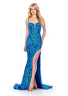 ASHLEYlauren 11464 Turquoise/Royal fitted stretch sequin gown with corset bodice, deep illusion V-neckline, and thigh-high slit