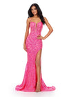 ASHLEYlauren 11464 hot pink fitted stretch sequin gown with corset bodice, deep illusion V-neckline, and thigh-high slit