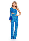 ASHLEYlauren 11465 Turquoise/Royal one shoulder sequin jumpsuit with side waist cut out and feather cuff detail