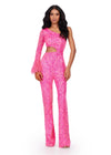 ASHLEYlauren 11465 hot pink one shoulder sequin jumpsuit with side waist cut out and feather cuff detail