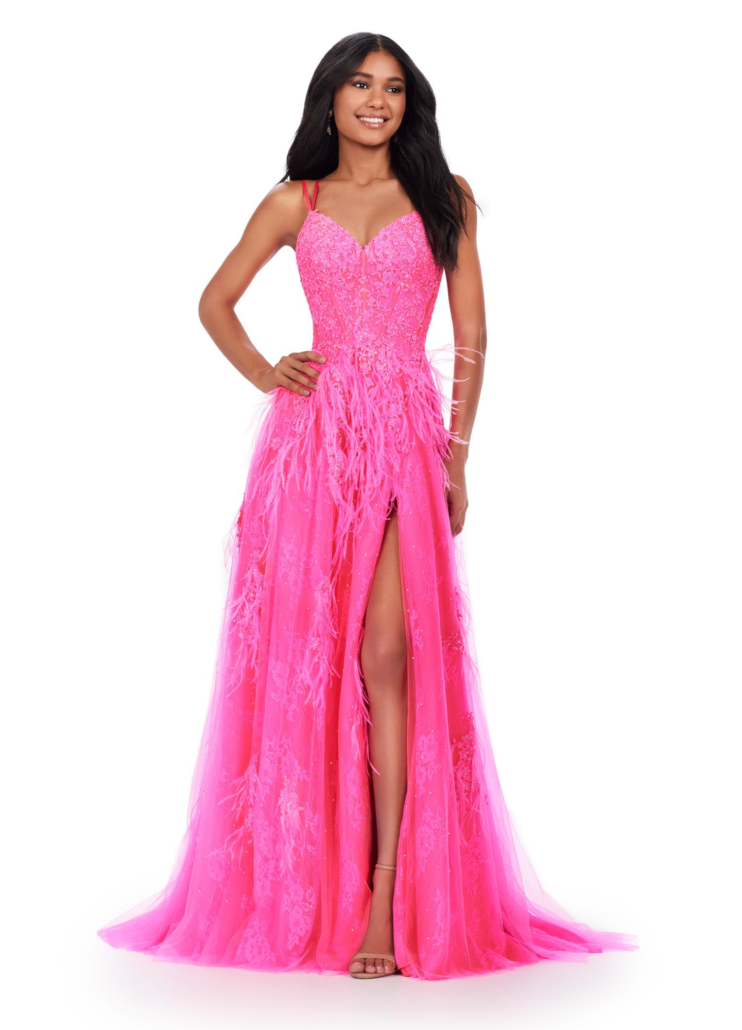 ASHLEYlauren 11480 hot pink A-line gown with feather and jewel embellishments, corset bodice, lace up back, and left leg slit