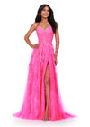 ASHLEYlauren 11480 hot pink A-line gown with feather and jewel embellishments, corset bodice, lace up back, and left leg slit