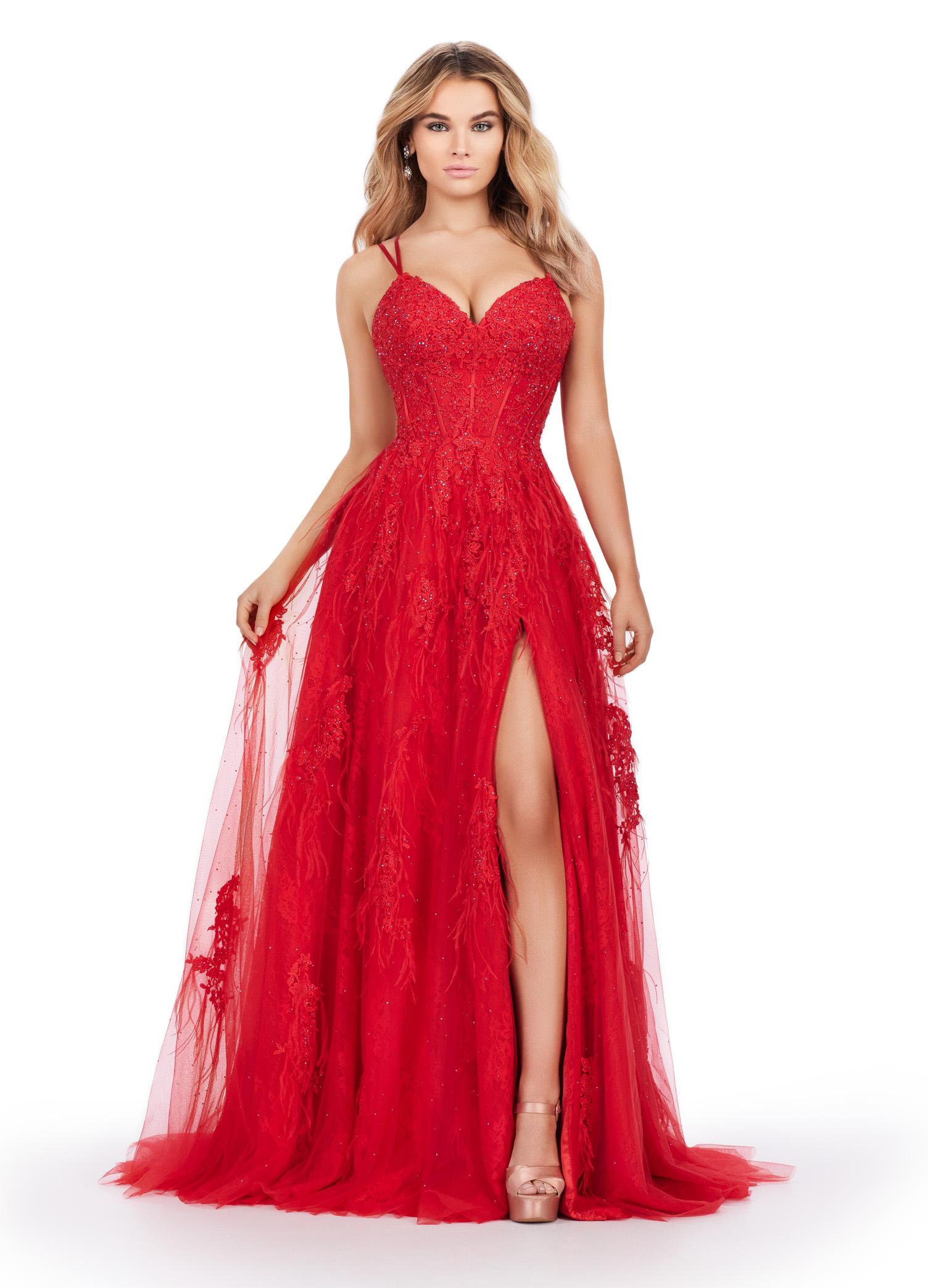 ASHLEYlauren 11480 red A-line gown with feather and jewel embellishments, corset bodice, lace up back, and left leg slit