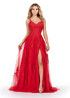 ASHLEYlauren 11480 red A-line gown with feather and jewel embellishments, corset bodice, lace up back, and left leg slit