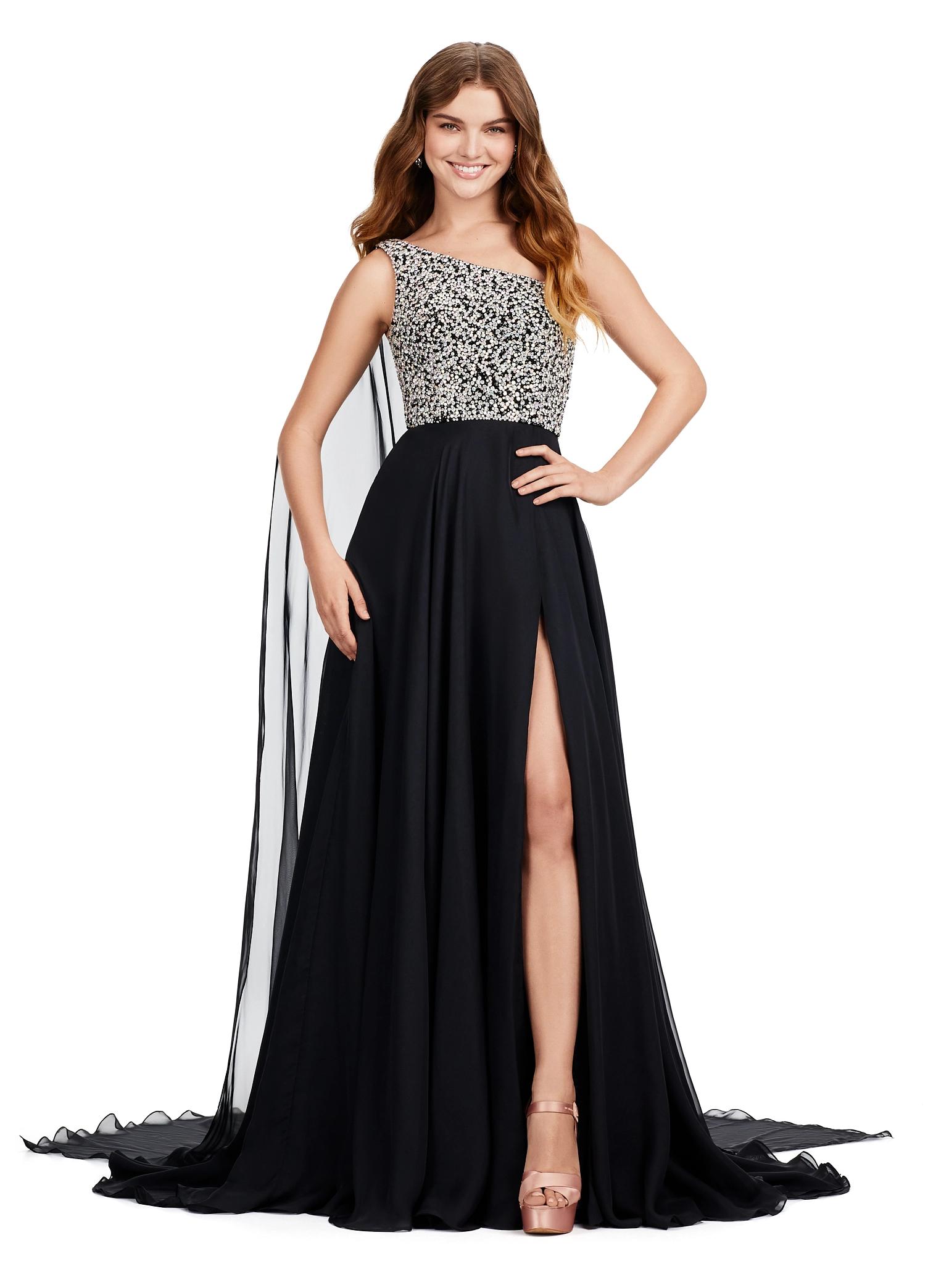 ASHLEYlauren 11482 black one shoulder gown with fully beaded bodice, chiffon cape, A-line skirt, and leg slit