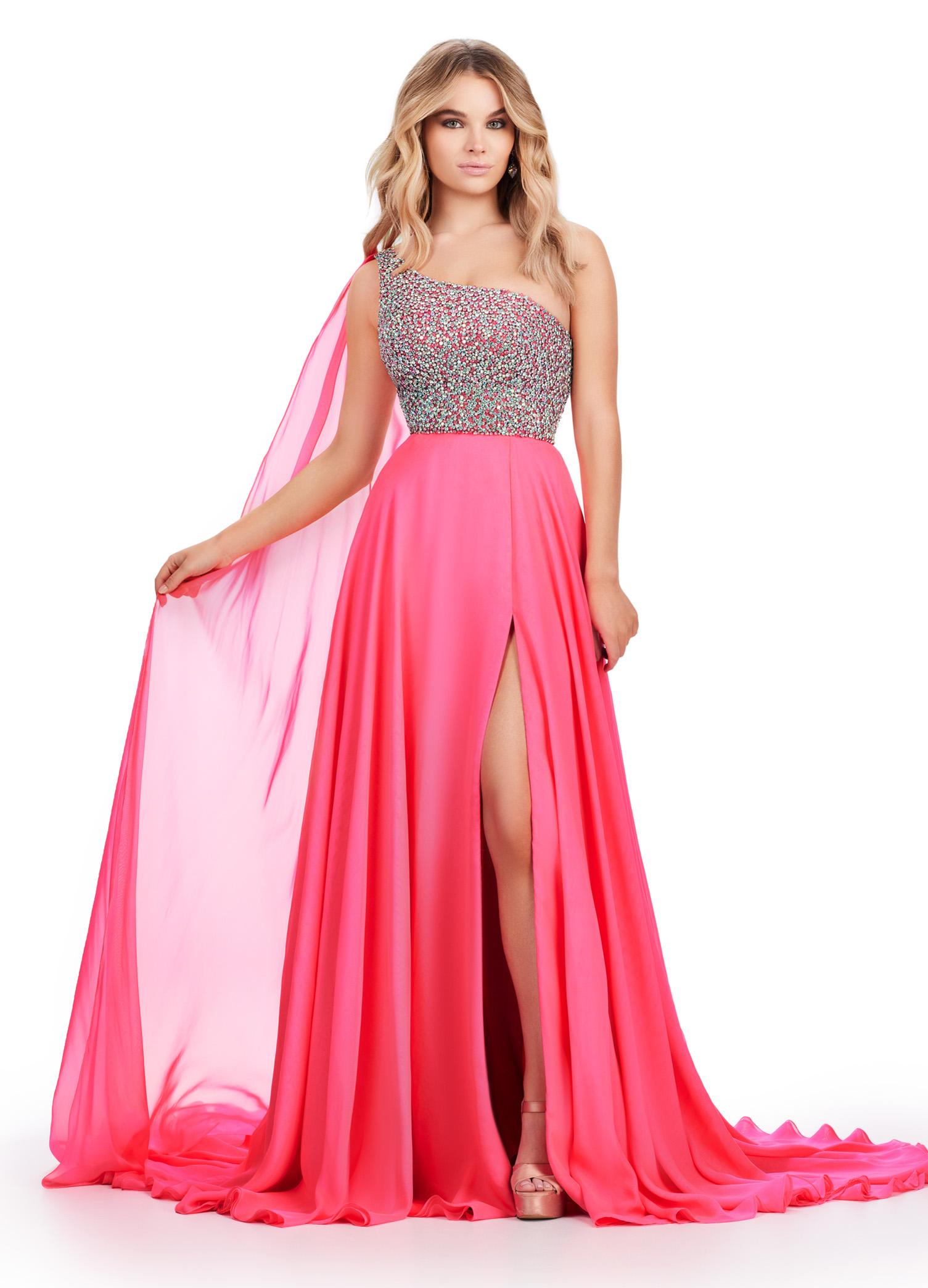 ASHLEYlauren 11482 hot pink one shoulder gown with fully beaded bodice, chiffon cape, A-line skirt, and leg slit