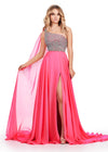 ASHLEYlauren 11482 hot pink one shoulder gown with fully beaded bodice, chiffon cape, A-line skirt, and leg slit