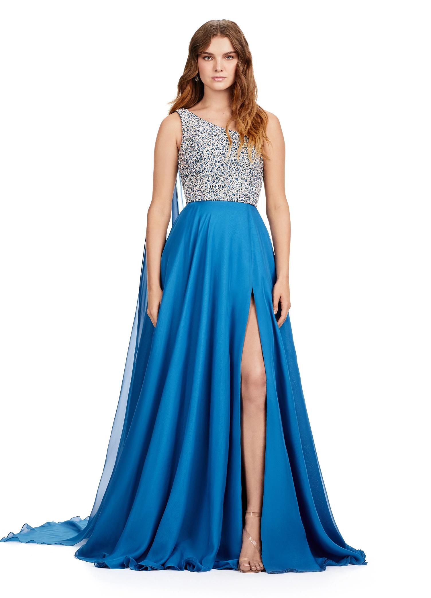 ASHLEYlauren 11482 peacock one shoulder gown with fully beaded bodice, chiffon cape, A-line skirt, and leg slit
