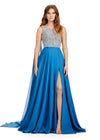 ASHLEYlauren 11482 peacock one shoulder gown with fully beaded bodice, chiffon cape, A-line skirt, and leg slit