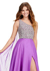 ASHLEYlauren 11482 purple one shoulder gown with fully beaded bodice, chiffon cape, A-line skirt, and leg slit