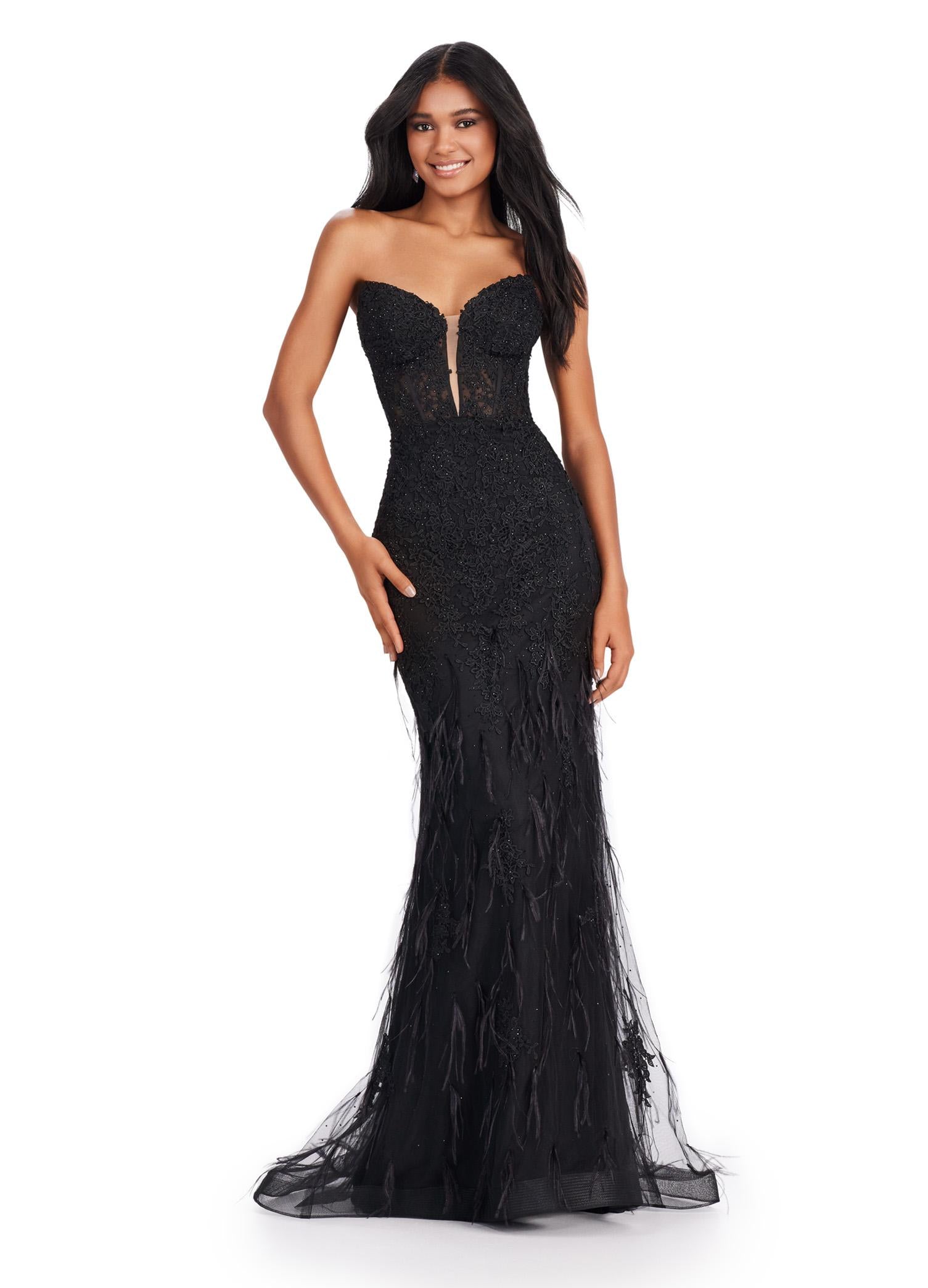 ASHLEYlauren 11483 black strapless lace gown with sweetheart neckline, feather detailing, corset bodice, and V-back