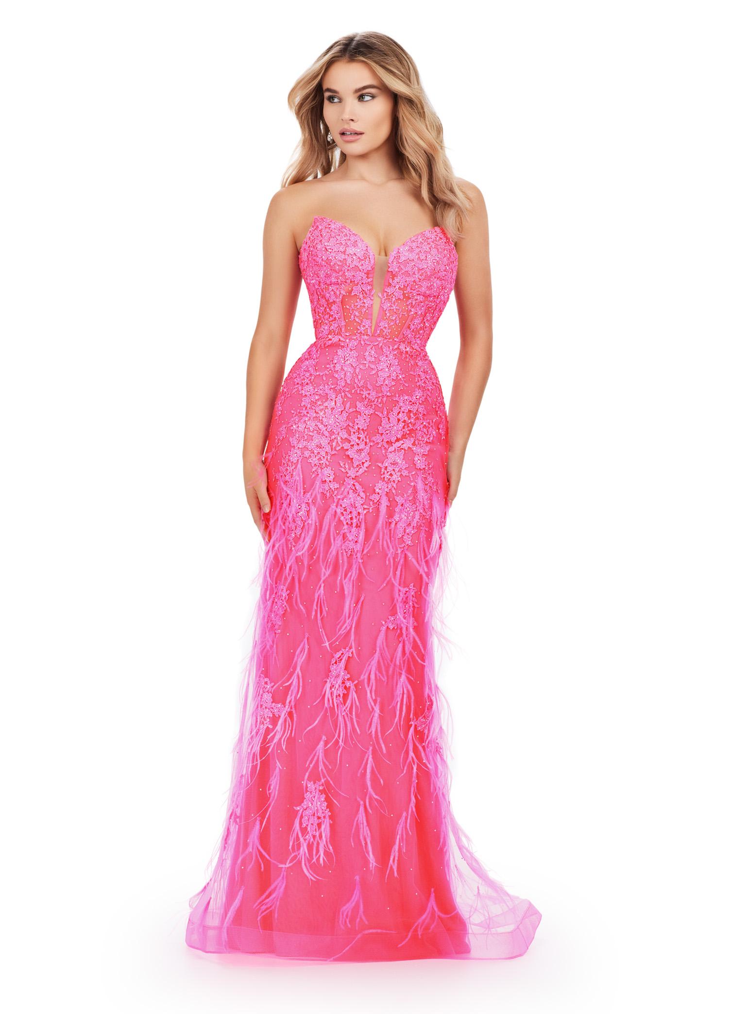 ASHLEYlauren 11483 hot pink strapless lace gown with sweetheart neckline, feather detailing, corset bodice, and V-back