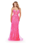 ASHLEYlauren 11483 hot pink strapless lace gown with sweetheart neckline, feather detailing, corset bodice, and V-back