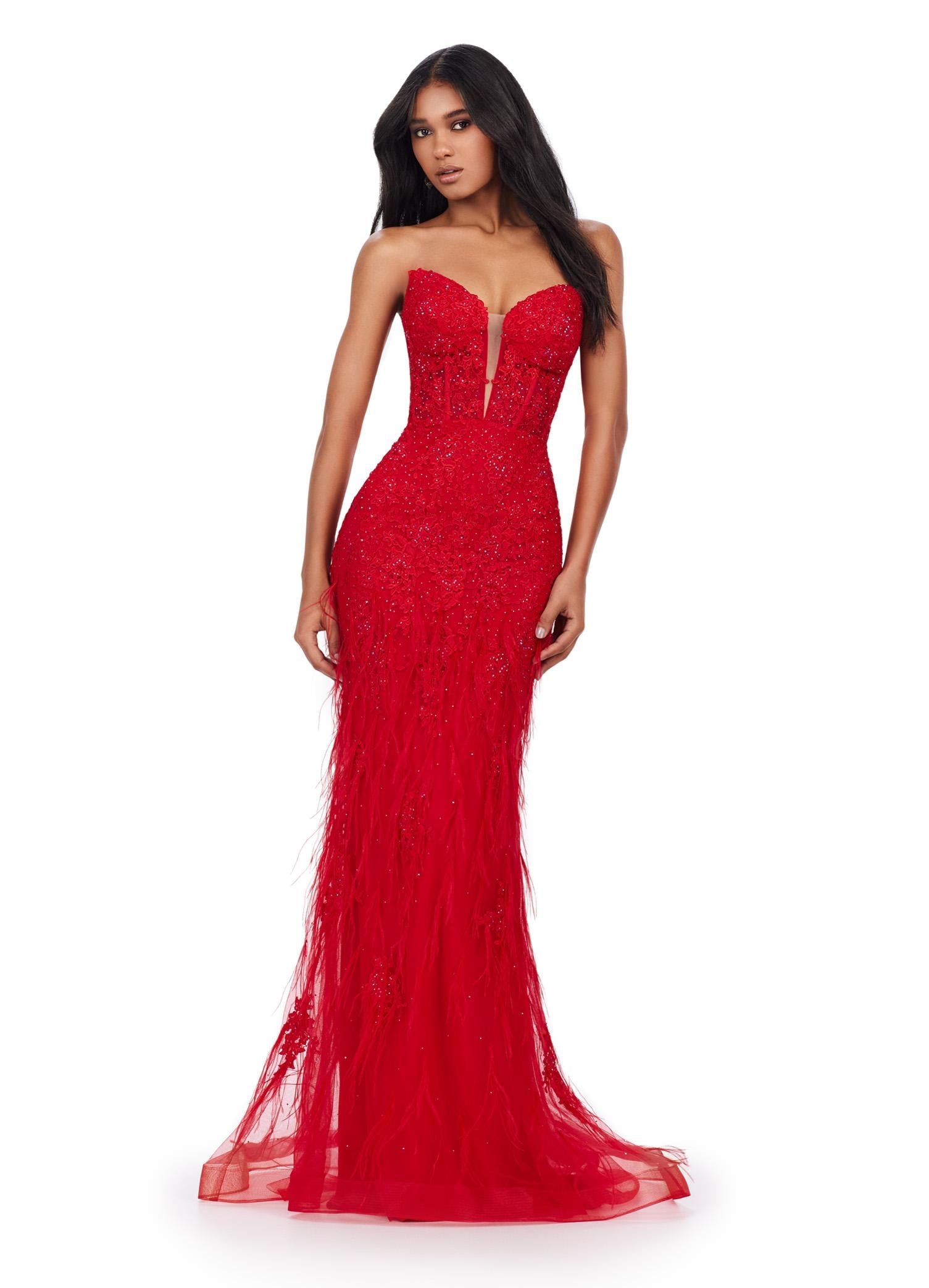 ASHLEYlauren 11483 red strapless lace gown with sweetheart neckline, feather detailing, corset bodice, and V-back