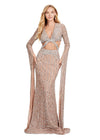 ASHLEYlauren 11485 silver fully beaded gown with V-neckline, dramatic floor length sleeves, and side cut outs