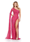 ASHLEYlauren 11486 fuchsia One Shoulder Beaded Gown with Shoulder Cape and Leg Slit