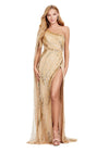ASHLEYlauren 11486 gold One Shoulder Beaded Gown with Shoulder Cape and Leg Slit