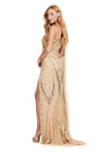 Back. ASHLEYlauren 11486 gold One Shoulder Beaded Gown with Shoulder Cape and Leg Slit