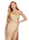 ASHLEYlauren 11486 gold One Shoulder Beaded Gown with Shoulder Cape and Leg Slit