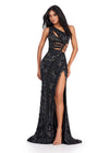 ASHLEYlauren 11489 Fully Beaded One Shoulder Gown with Asymmetric Cut Outs, Intricate Beaded Design, and Left Leg Slit