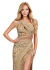 ASHLEYlauren 11489 Gold Fully Beaded One Shoulder Gown with Asymmetric Cut Outs, Intricate Beaded Design, and Left Leg Slit