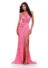 ASHLEYlauren 11489 Hot Pink Fully Beaded One Shoulder Gown with Asymmetric Cut Outs, Intricate Beaded Design, and Left Leg Slit