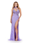 ASHLEYlauren 11492 Fully Beaded One Shoulder Gown with Asymmetrical Bustier, Feather Accents, and Wrap Skirt