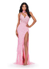ASHLEYlauren 11492 Pink Fully Beaded One Shoulder Gown with Asymmetrical Bustier, Feather Accents, and Wrap Skirt