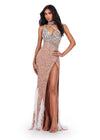 ASHLEYlauren 11492 Silver Fully Beaded One Shoulder Gown with Asymmetrical Bustier, Feather Accents, and Wrap Skirt