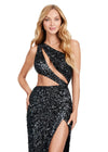 Front. ASHLEYlauren 11496 Black One Shoulder Fully Beaded Gown with Asymmetrical Cut Outs, Wrap Skirt, and Left Leg Slit
