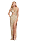 ASHLEYlauren 11496 Gold One Shoulder Fully Beaded Gown with Asymmetrical Cut Outs, Wrap Skirt, and Left Leg Slit