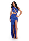 ASHLEYlauren 11496 Royal One Shoulder Fully Beaded Gown with Asymmetrical Cut Outs, Wrap Skirt, and Left Leg Slit