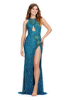 ASHLEYlauren 11498 Peacock Fully Beaded Halter Neckline Gown with Cut Outs, Open Back, and Left Leg Slit