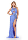 ASHLEYlauren 11498 Periwinkle Fully Beaded Halter Neckline Gown with Cut Outs, Open Back, and Left Leg Slit