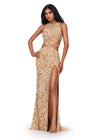 ASHLEYlauren 11501 Gold Fully Beaded High Neckline Gown with Waist Cut Outs and Left Leg Slit