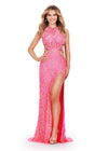 ASHLEYlauren 11501 Hot Pink Fully Beaded High Neckline Gown with Waist Cut Outs and Left Leg Slit