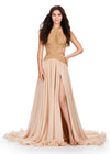 ASHLEYlauren 11504 Gold Halter Neckline Chiffon Gown with Fully Beaded Bustier, Intricate Cut Outs, Open Back Design, and Flowing Chiffon Skirt