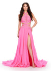 ASHLEYlauren 11504 Hot Pink Halter Neckline Chiffon Gown with Fully Beaded Bustier, Intricate Cut Outs, Open Back Design, and Flowing Chiffon Skirt