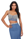 ASHLEYlauren 11511 Denim Two Piece with Corset Bustier, Lace Up Back, Beaded Waist Belt, and Sweep Train