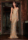 ASHLEYlauren 11512 Fully Beaded Multi-Colored Nude Gown with Sweetheart Neckline, Spaghetti Straps, and Corset Bustier