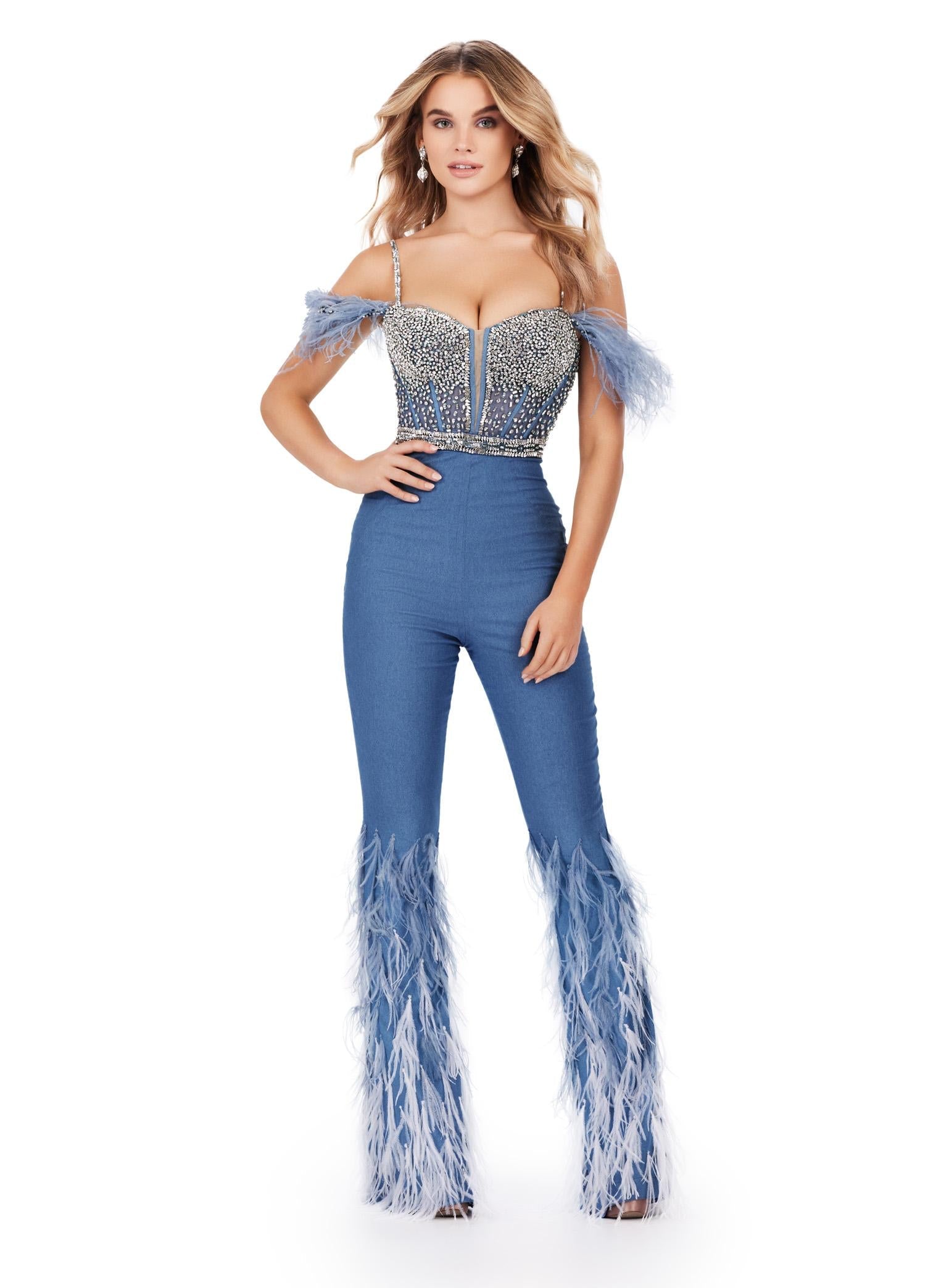ASHLEYlauren 11513 Beaded Denim Jumpsuit