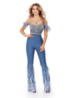 ASHLEYlauren 11513 Denim Jumpsuit with Fully Beaded Corset Bustier, Ombre Feathered Waistband, Off Shoulder Feather Straps, and Flare Pants