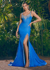 ASHLEYlauren 11515 Denim V-Neckline Gown with Sweetheart Neckline, Beaded Bodice, Crystal Accents, and Left Leg Slit