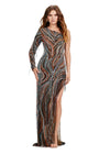 ASHLEYlauren 11516 Multi/Black Fully Beaded One Shoulder Gown with Intricate Design, Fringe Detail, and Left Leg Slit
